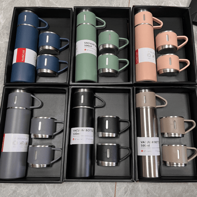 Double Wall Stainless Steel Thermos Set – 500ml Vacuum Flask with Extra Lid, Gift Box eGood